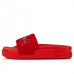 Christian Louboutin Navy Pool Strass Suede Slides Red Men