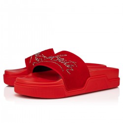 Christian Louboutin Navy Pool Strass Suede Slides Red Men