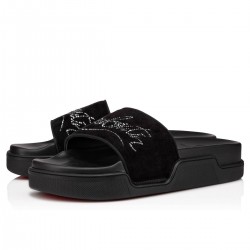 Christian Louboutin Navy Pool Strass Suede Slides Version Black Men