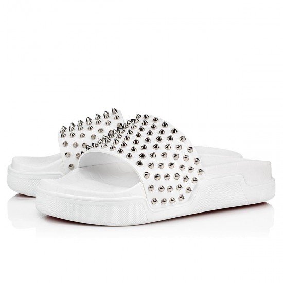 Christian Louboutin Pool Fun Leather Slides Bianco/Silver Men