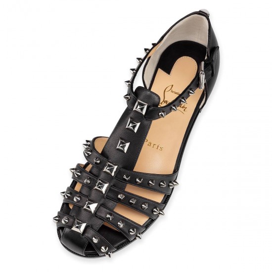 Christian Louboutin LoubiClou Calf Flat Sandals Black/Silver Women