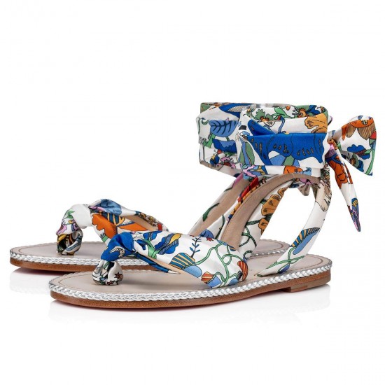 Christian Louboutin Spetsos Crepe Satin Flat Sandals Bianco multi Women